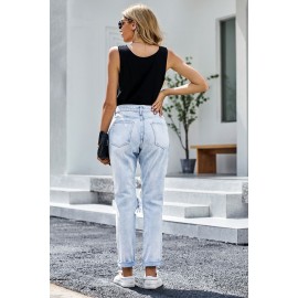 Vintage Washed Distressed Holes High Waist Jeans Vintage Washed Distressed Holes High Waist Jeans