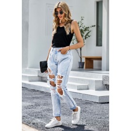 Vintage Washed Distressed Holes High Waist Jeans Vintage Washed Distressed Holes High Waist Jeans