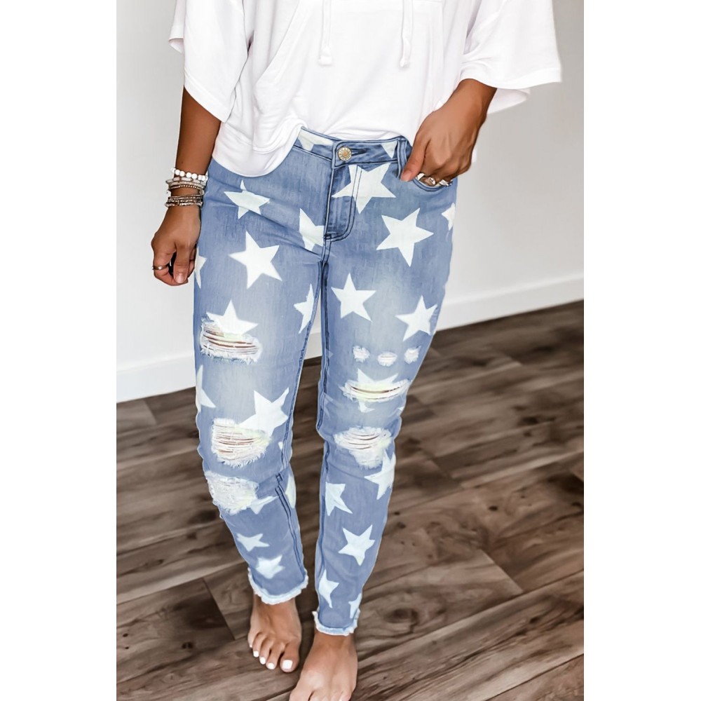 Ripped Star Print Mid Waist Jeans Ripped Star Print Mid Waist Jeans