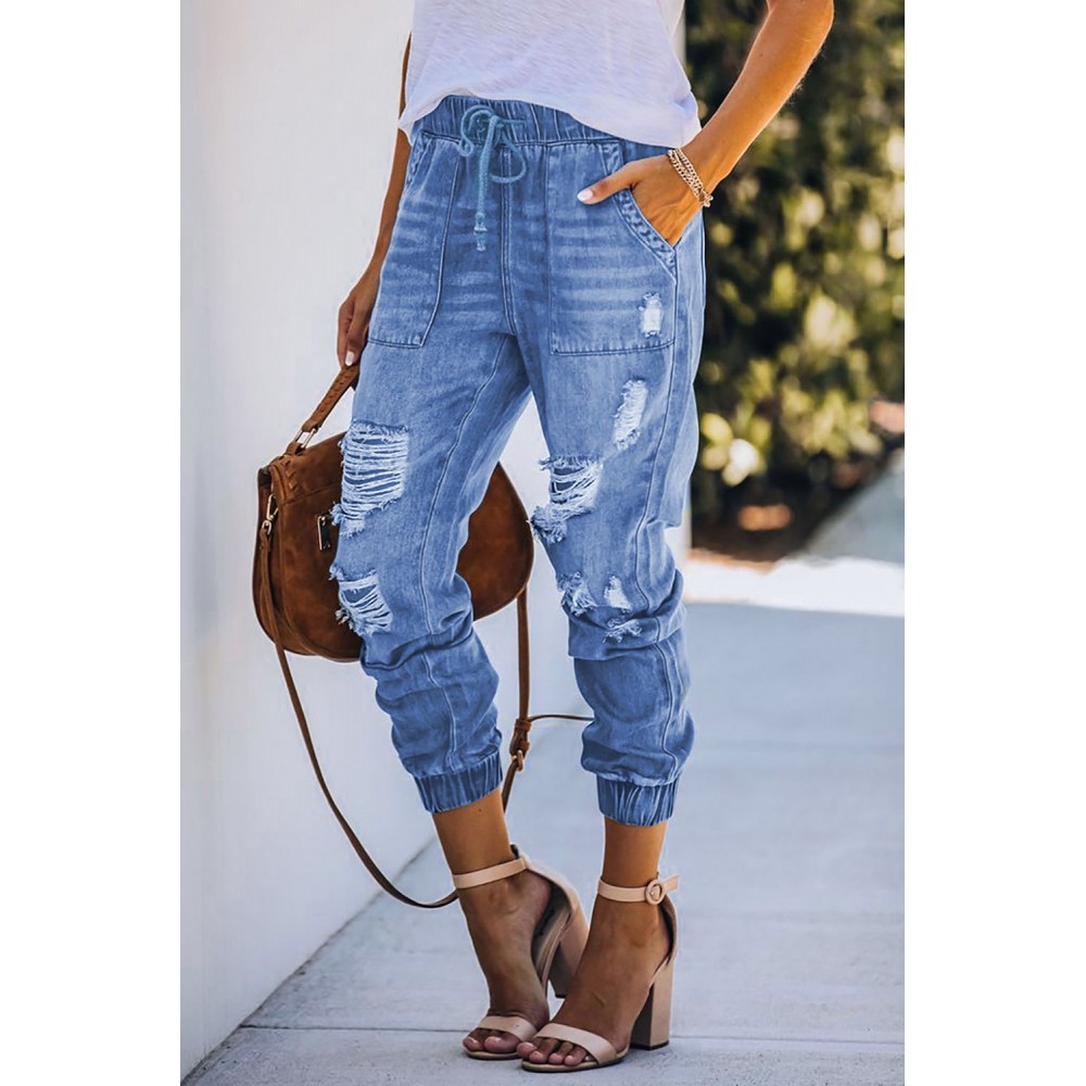 Sky Blue Pocketed Distressed Denim Joggers Sky Blue Pocketed Distressed Denim Joggers