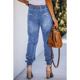 Sky Blue Pocketed Distressed Denim Joggers Sky Blue Pocketed Distressed Denim Joggers