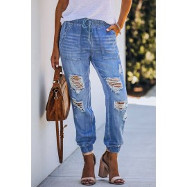 Sky Blue Pocketed Distressed Denim Joggers Sky Blue Pocketed Distressed Denim Joggers