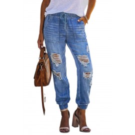Sky Blue Pocketed Distressed Denim Joggers Sky Blue Pocketed Distressed Denim Joggers