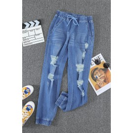 Sky Blue Pocketed Distressed Denim Joggers Sky Blue Pocketed Distressed Denim Joggers