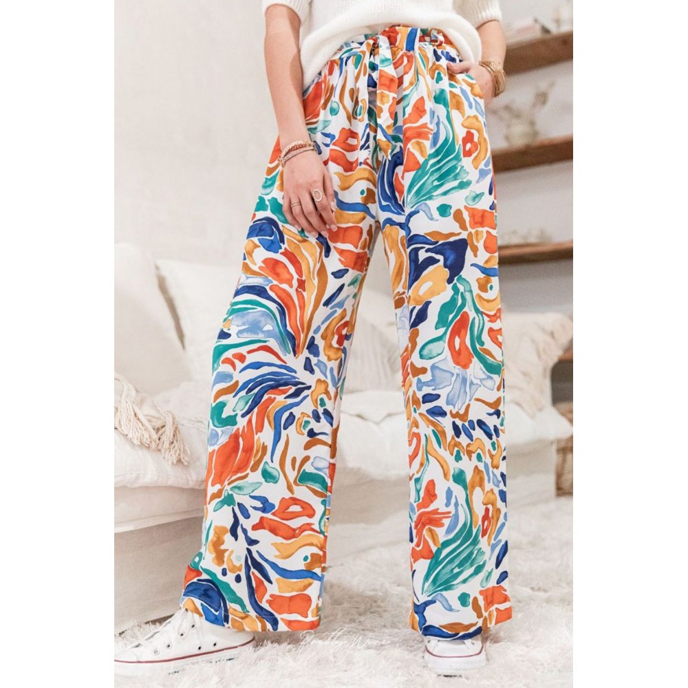 Multicolor Printed Belted High Waist Straight Leg Pants Multicolor Printed Belted High Waist Straight Leg Pants