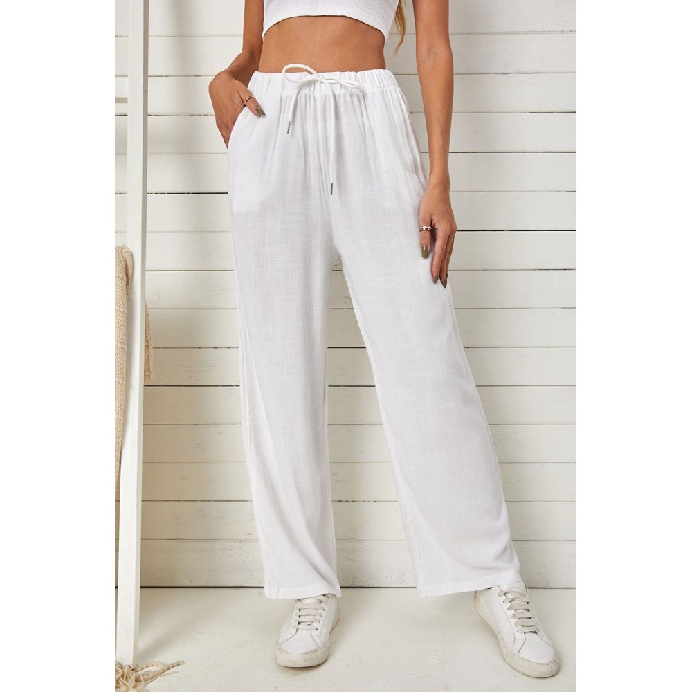 White High Waist Drawstring Wide Legs Casual Pants White High Waist Drawstring Wide Legs Casual Pants