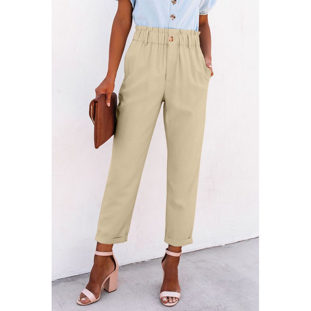 Beige High Rise Paper Bag Waist Pocketed Casual Pants Beige High Rise Paper Bag Waist Pocketed Casual Pants