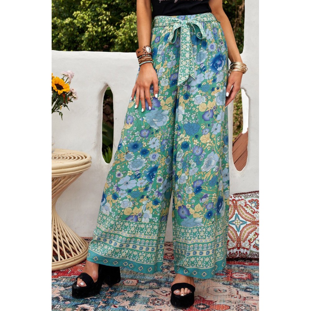 Green Floral Print Wide Leg Boho Pants Green Floral Print Wide Leg Boho Pants