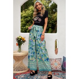 Green Floral Print Wide Leg Boho Pants Green Floral Print Wide Leg Boho Pants