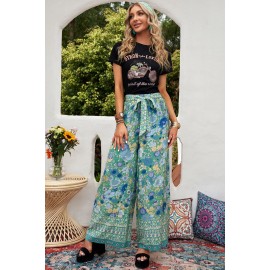 Green Floral Print Wide Leg Boho Pants Green Floral Print Wide Leg Boho Pants
