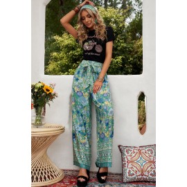 Green Floral Print Wide Leg Boho Pants Green Floral Print Wide Leg Boho Pants