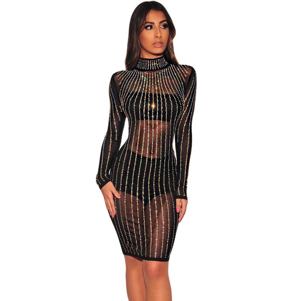 Black Iridescent Rhinestone Mock Neck Long Sleeves Dress Black Iridescent Rhinestone Mock Neck Long Sleeves Dress