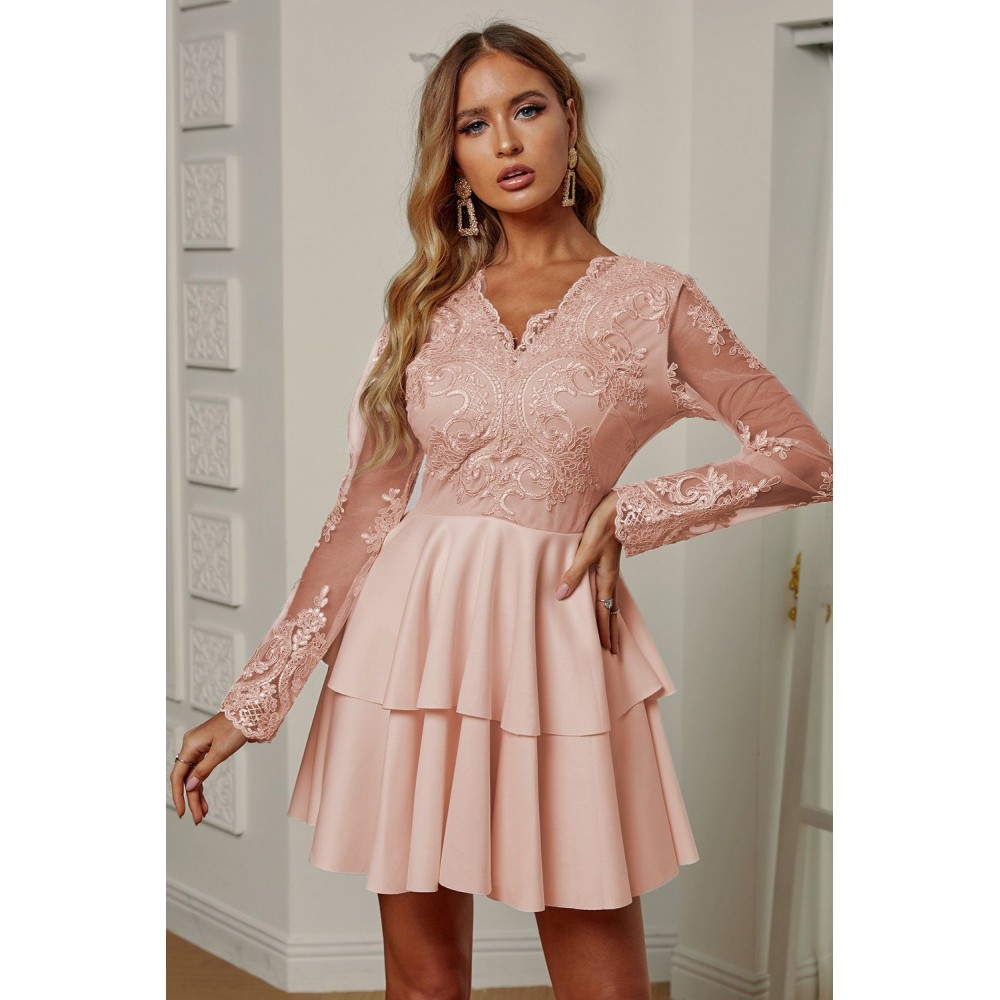Apricot Sequin Embroidered Multilayer Skater Dress Apricot Sequin Embroidered Multilayer Skater Dress