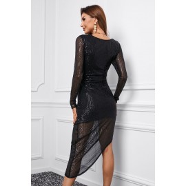 Black V Neck Long Sleeve Asymmetric Sequin Dress Black V Neck Long Sleeve Asymmetric Sequin Dress