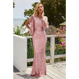 Pink Sequin Fringe Sleeve Prom Maxi Dress Pink Sequin Fringe Sleeve Prom Maxi Dress