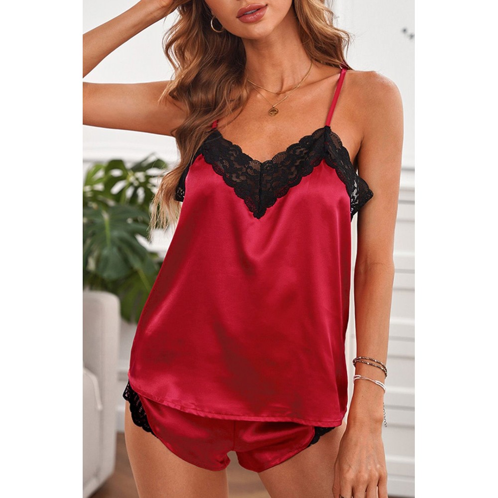 Red Lace V Neck Imitated Silk Pajamas Set Red Lace V Neck Imitated Silk Pajamas Set