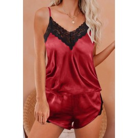 Red Lace V Neck Imitated Silk Pajamas Set Red Lace V Neck Imitated Silk Pajamas Set