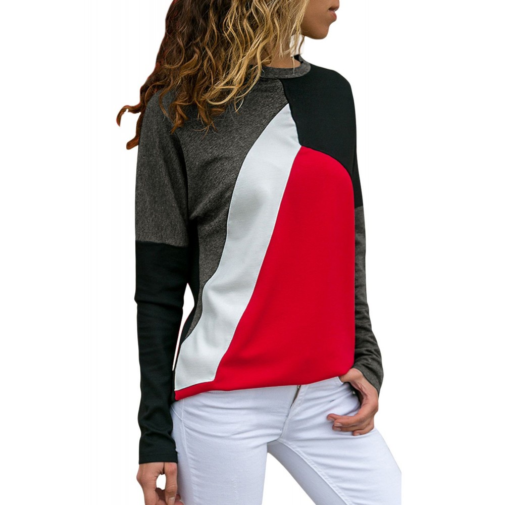 Red Color Block Round Collar Sweatshirt Red Color Block Round Collar Sweatshirt