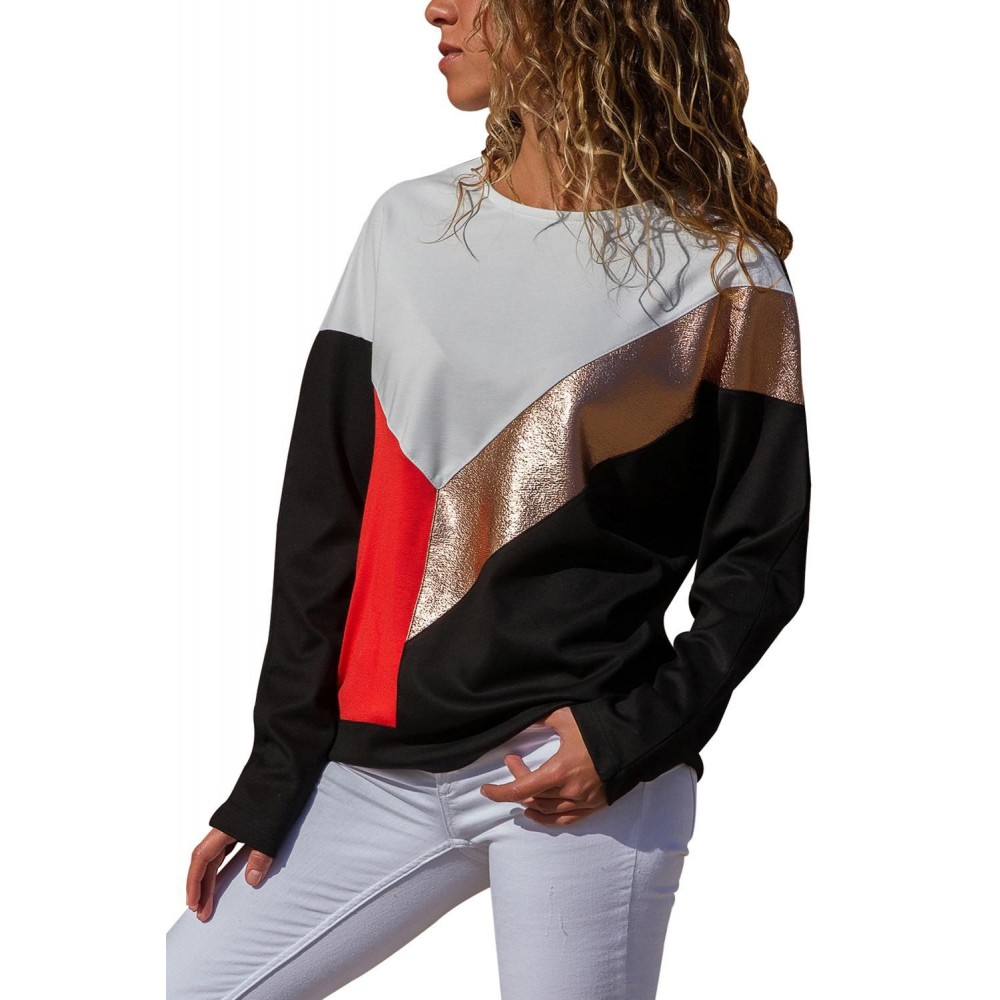 White Black Color Block Leatherette Splice Sweatshirt White Black Color Block Leatherette Splice Sweatshirt